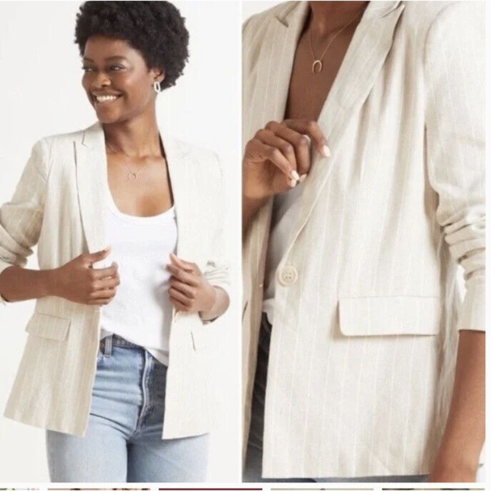 EVEREVE  Linen Blend Clarkson Blazer Striped Tan Beige One Button size XS